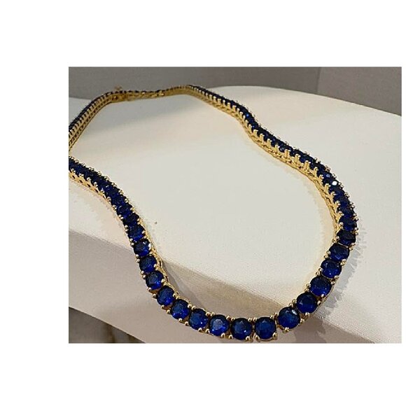 Dazzling Lab Created Blue Sapphire Diamondettes 18K Gold Plated Tennis Necklace - Picture 5 of 7